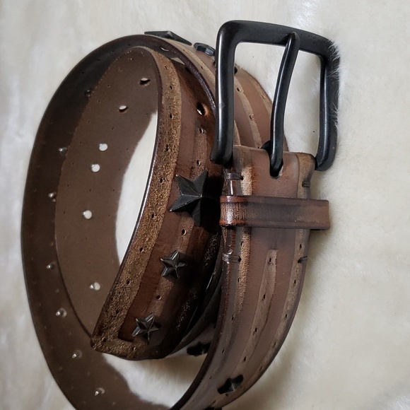 Post & Co Mens Handmade Italian Brown Leather Riveted Stars Belt SZ 34-36 - Picture 1 of 5